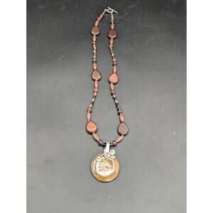 Ammonite Fossil Silver Tone Wire Wrapped Pendant Jasper Stone Beads 20"